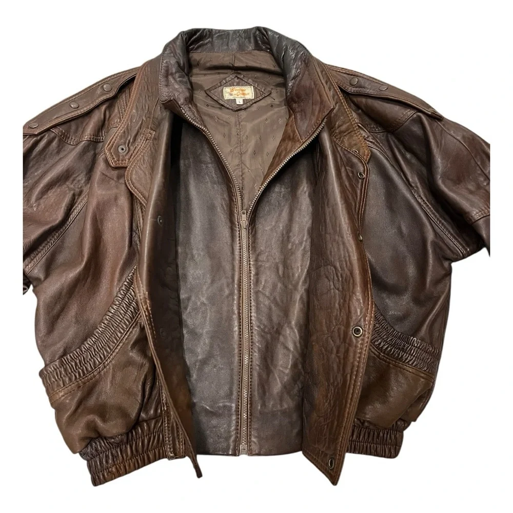 VTG 80s BOMBER Leather Aviator Flight Jacket Lined Men’s Large Vintage